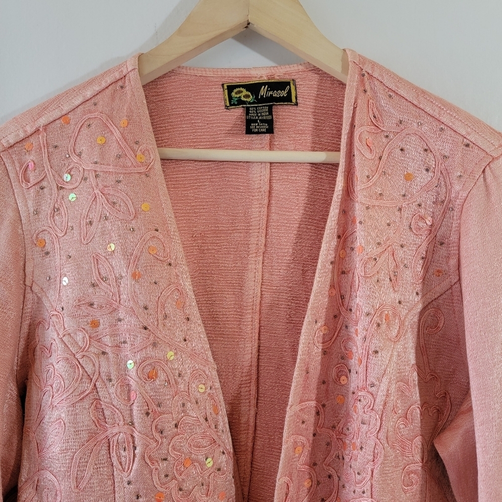 NWT Mirasol Women's Open Front Jacket Size L Tangerine Floral Embroidered Sequin - Picture 3 of 12